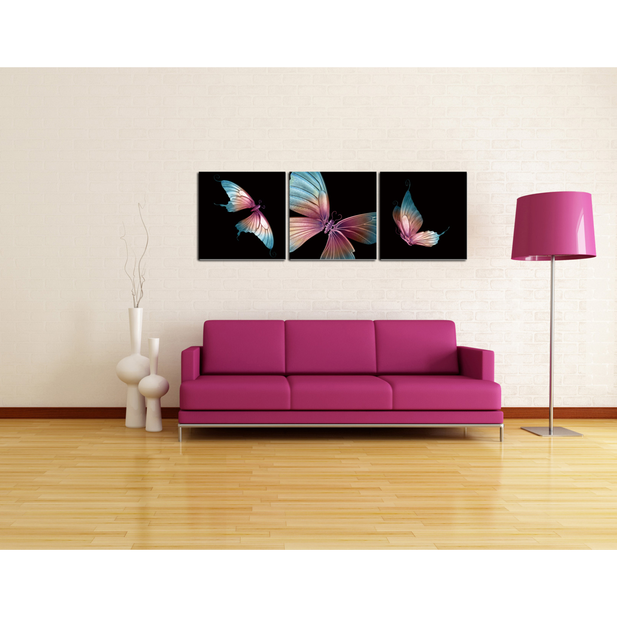 Butterfly 3 Piece Wrapped Canvas Wall Art Print 16x48 Inches