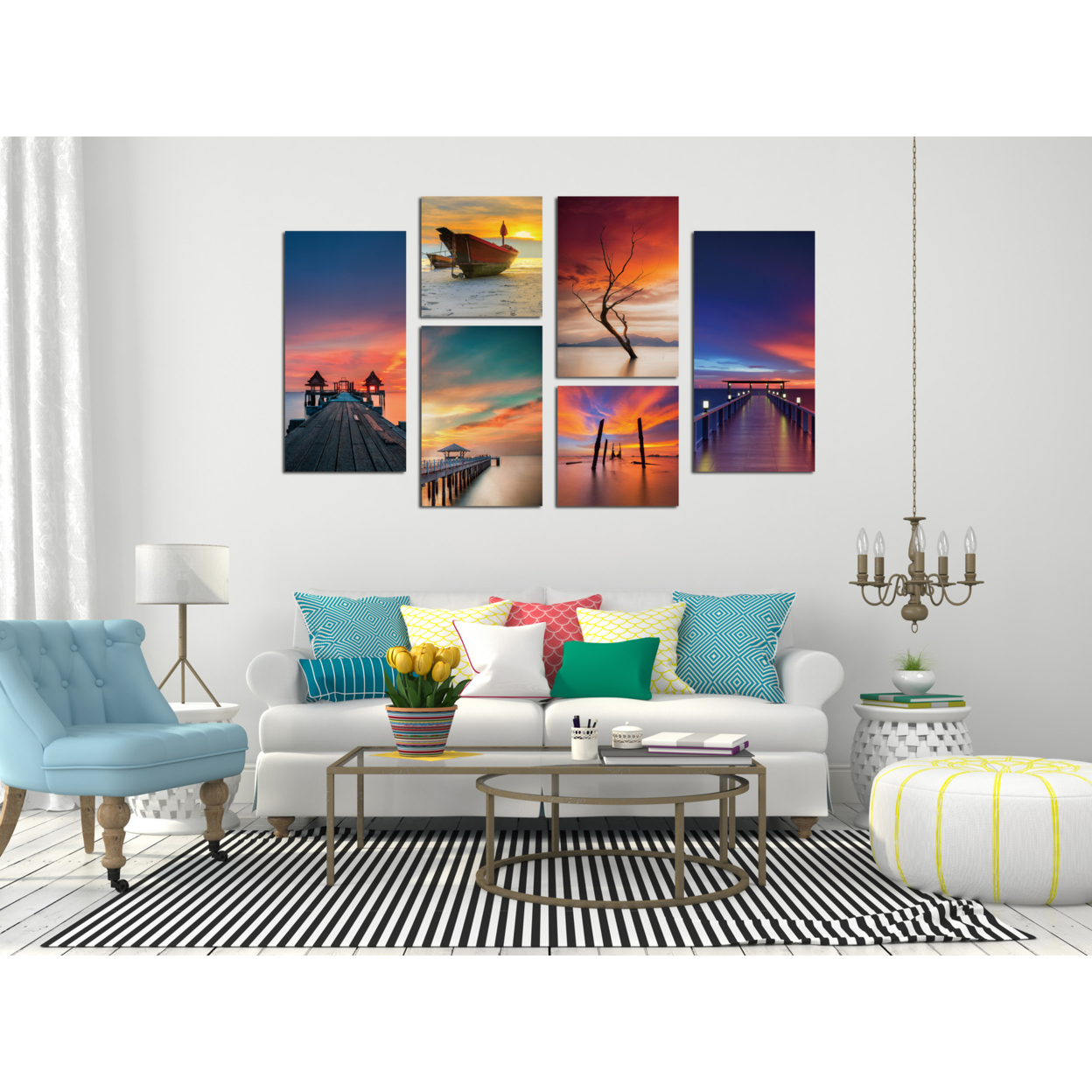 Ocean View 6 Piece Wrapped Canvas Wall Art Print 40x64 Inches