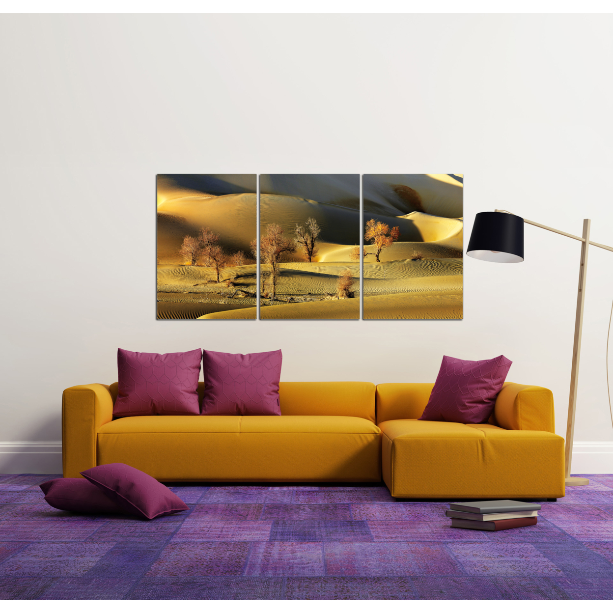 Golden Desert 3 Piece Wrapped Canvas Wall Art Print 27.5x60 Inches