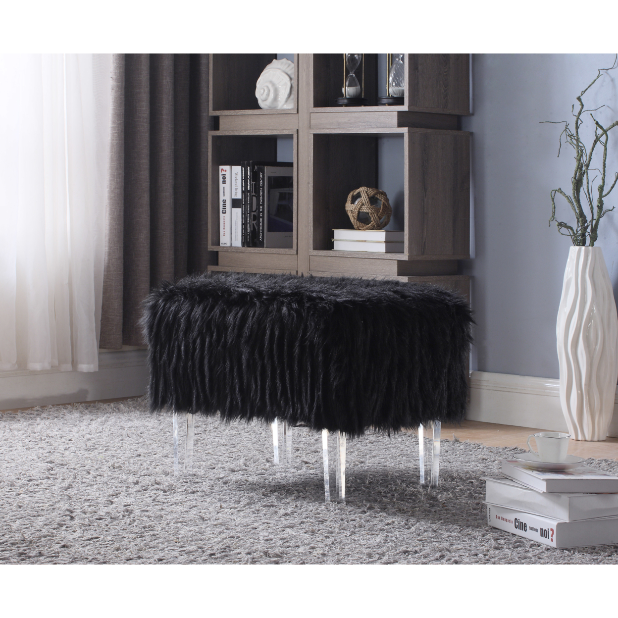 Gabriel Modern Contemporary Faux Fur Acrylic Leg Ottoman - Black