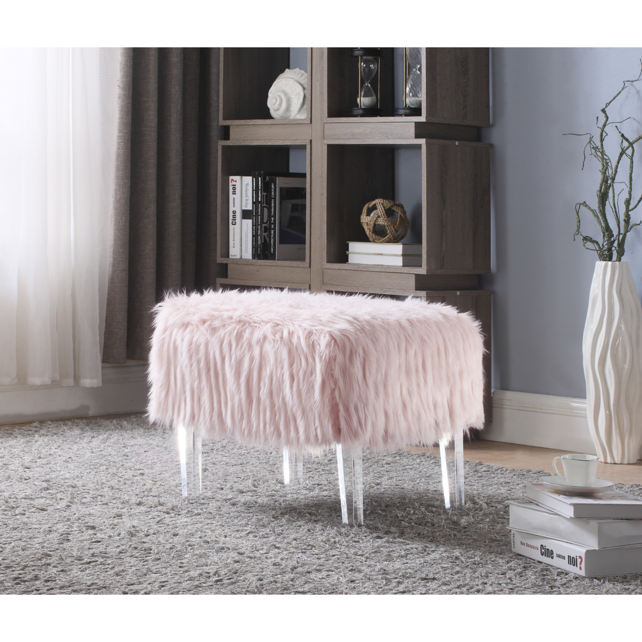 Gabriel Modern Contemporary Faux Fur Acrylic Leg Ottoman - Pink
