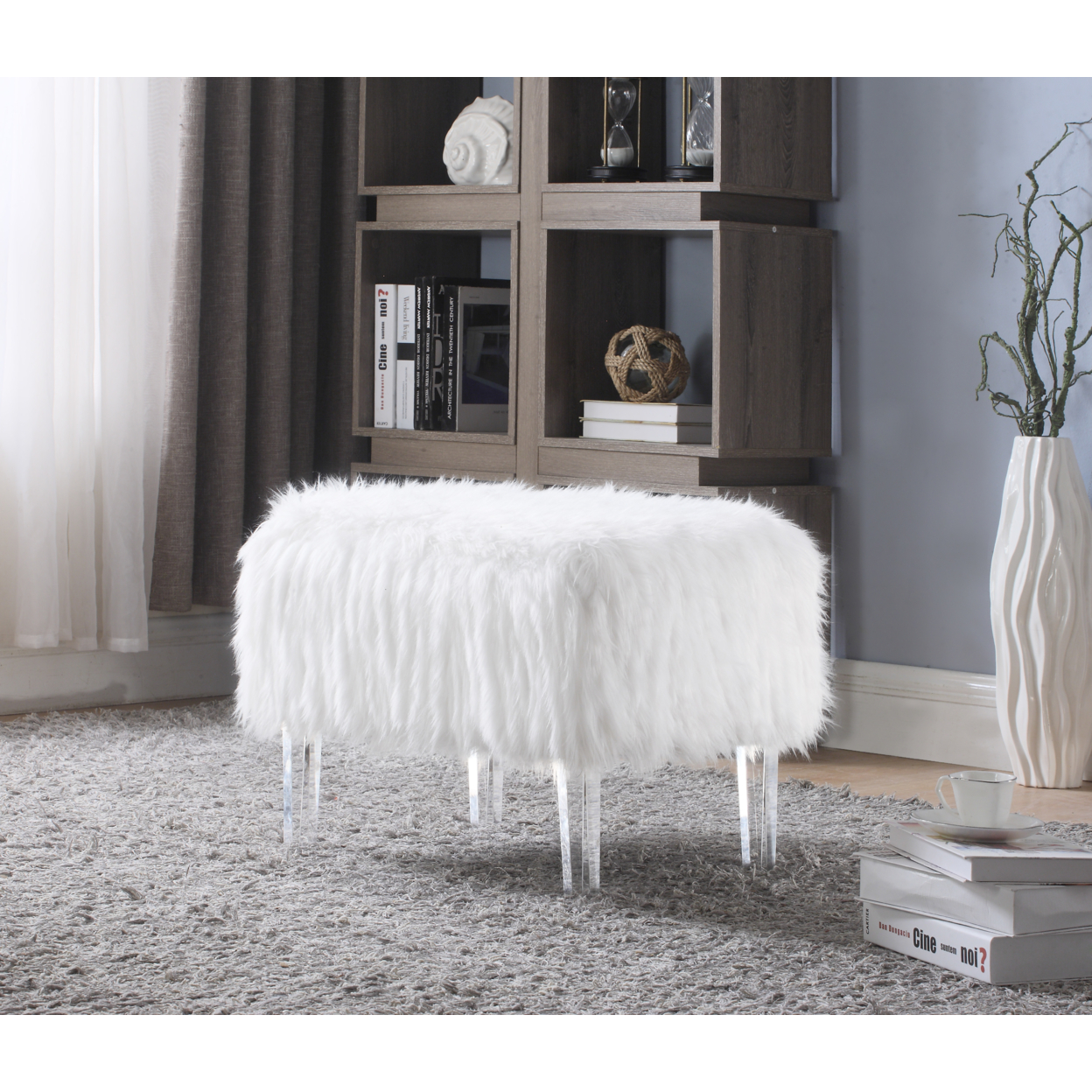 Gabriel Modern Contemporary Faux Fur Acrylic Leg Ottoman - White
