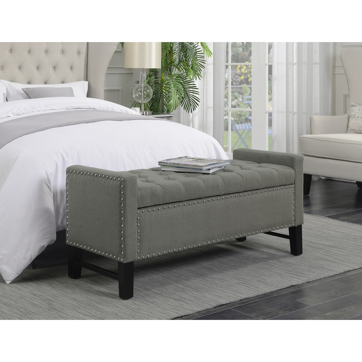 Michael Linen Modern Contemporary Button Tufted With Silver Nailheads Deco On Frame Storage Lid Bench - Dark Grey