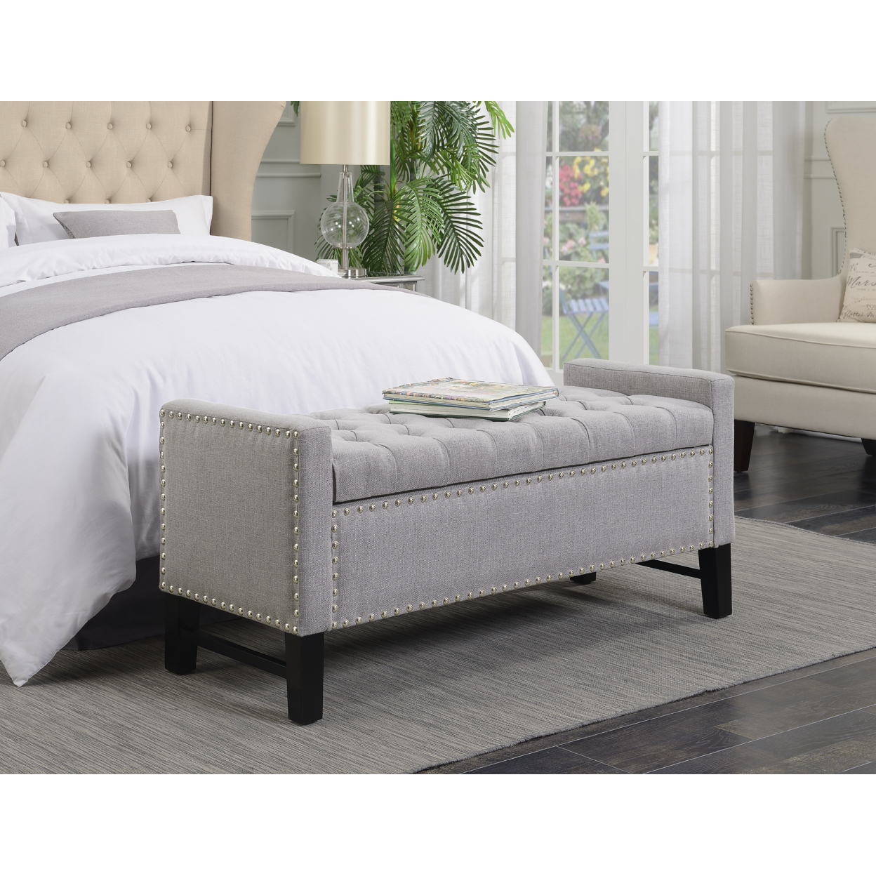 Michael Linen Modern Contemporary Button Tufted With Silver Nailheads Deco On Frame Storage Lid Bench - Light Grey