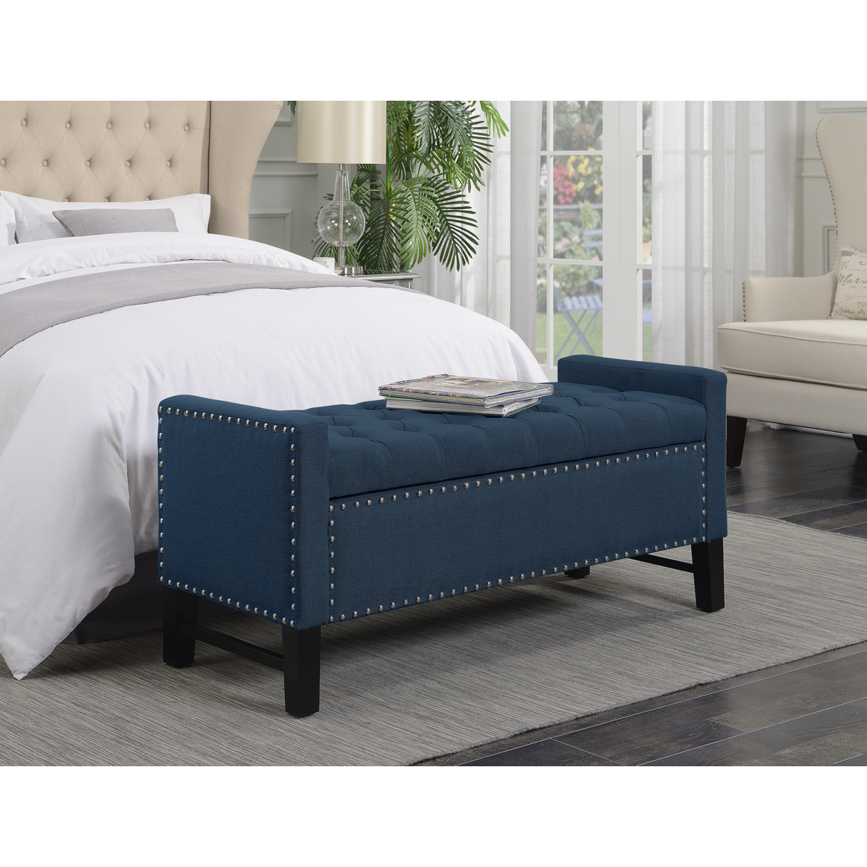 Michael Linen Modern Contemporary Button Tufted With Silver Nailheads Deco On Frame Storage Lid Bench - Dark Grey
