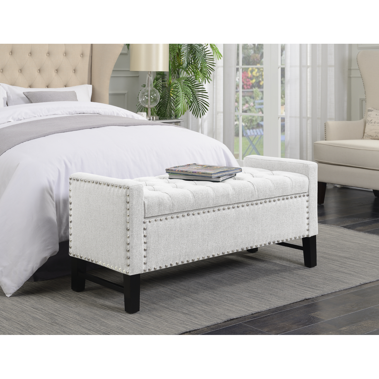 Michael Linen Modern Contemporary Button Tufted With Silver Nailheads Deco On Frame Storage Lid Bench - Linen Cream