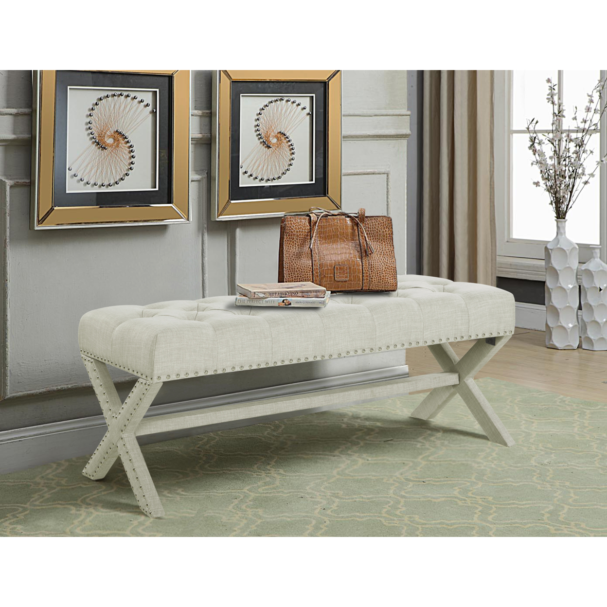 Luna Updated Neo Traditional Polished Nailhead Tufted Linen X Bench - Plum