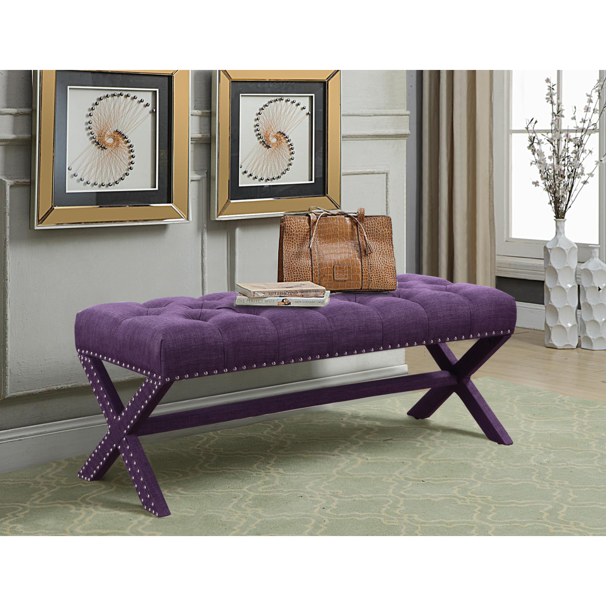 Luna Updated Neo Traditional Polished Nailhead Tufted Linen X Bench - Plum