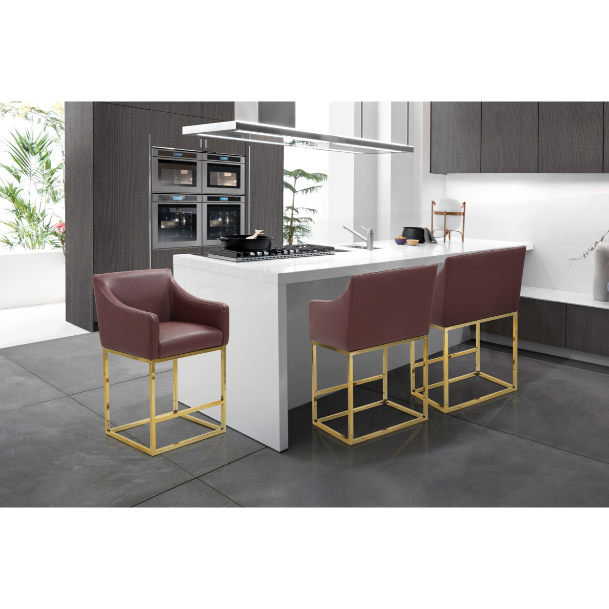 Etna Bar Stool Or Counter Stool Chair PU Leather Upholstered Slope Arm Design Architectural Goldtone Solid Metal Base - Wine, Height: 38.25