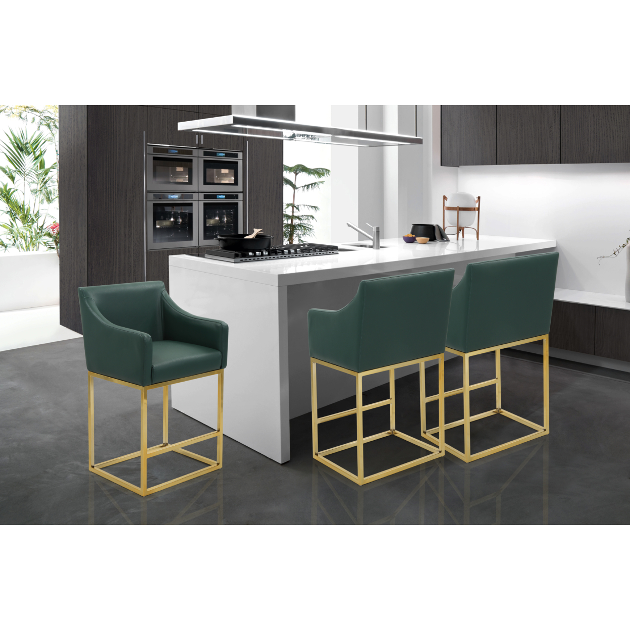 Etna Bar Stool Or Counter Stool Chair PU Leather Upholstered Slope Arm Design Architectural Goldtone Solid Metal Base - Green, Height: 38.25