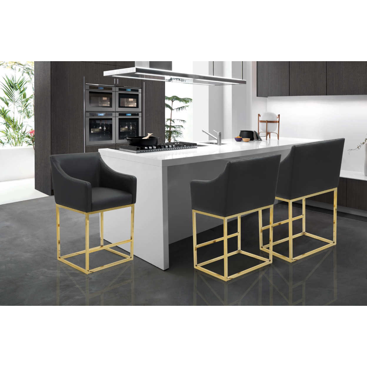 Etna Bar Stool Or Counter Stool Chair PU Leather Upholstered Slope Arm Design Architectural Goldtone Solid Metal Base - Black, Height: 38.25