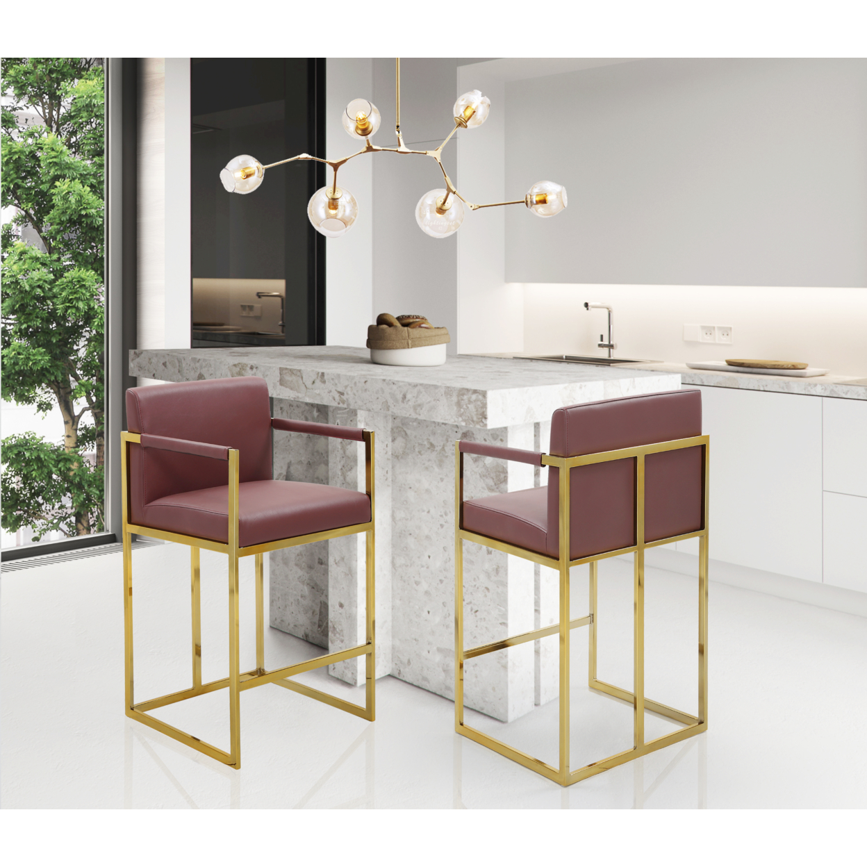 Gertrude Bar Stool Or Counter Stool Chair PU Leather Upholstered Square Arm Design Architectural Goldtone Solid Metal Base - Wine, Height: 3