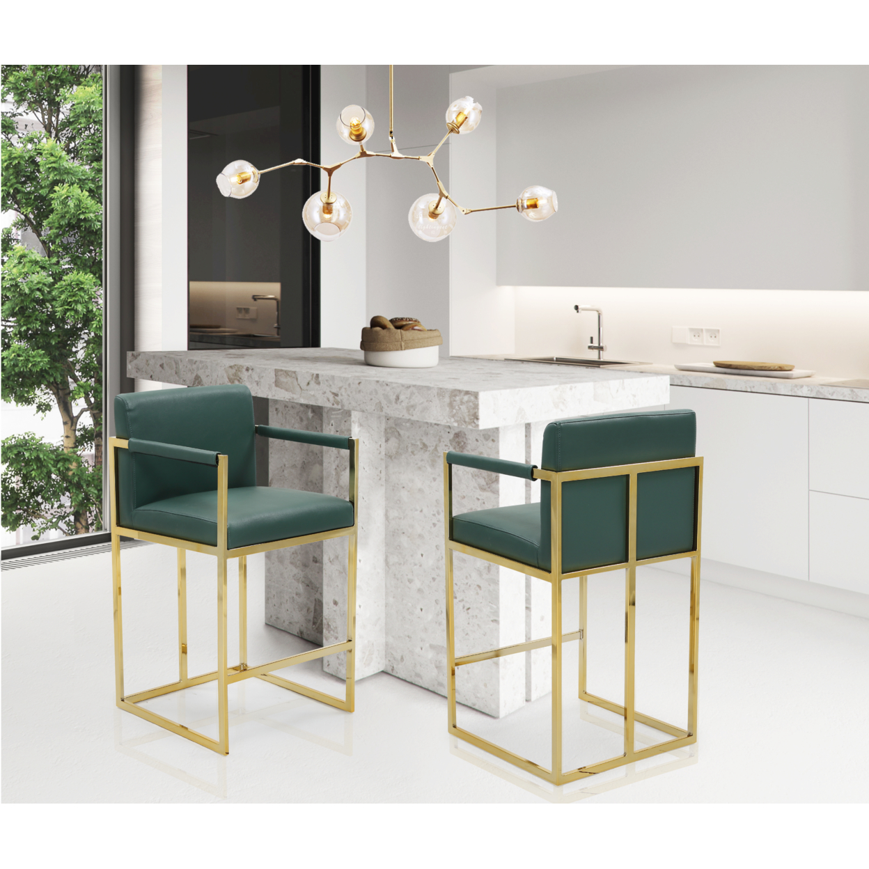 Gertrude Bar Stool Or Counter Stool Chair PU Leather Upholstered Square Arm Design Architectural Goldtone Solid Metal Base - Green, Height: