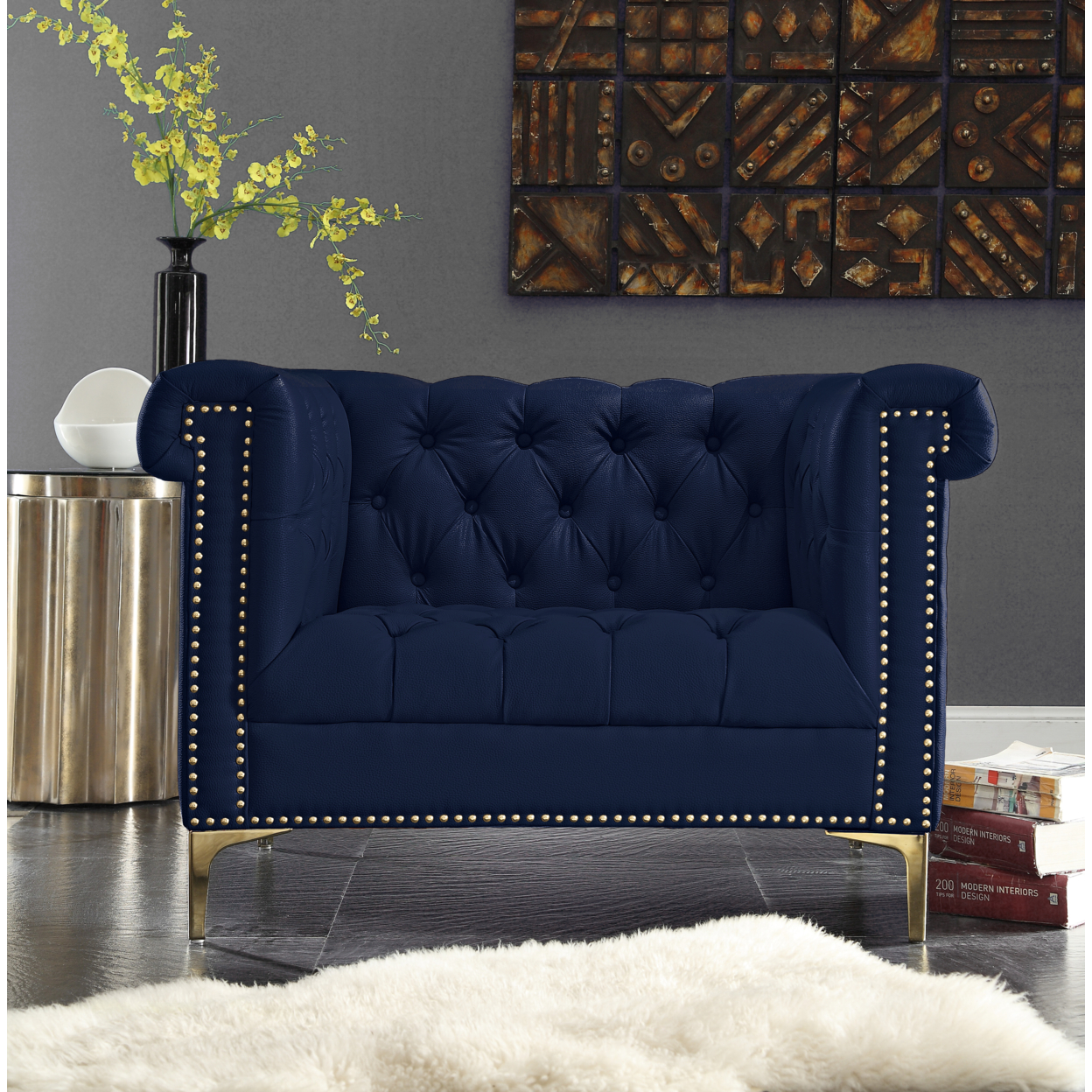 MacArthur PU Leather Modern Contemporary Button Tufted With Gold Nailhead Trim Goldtone Metal Y-leg Club Chair - Navy Blue