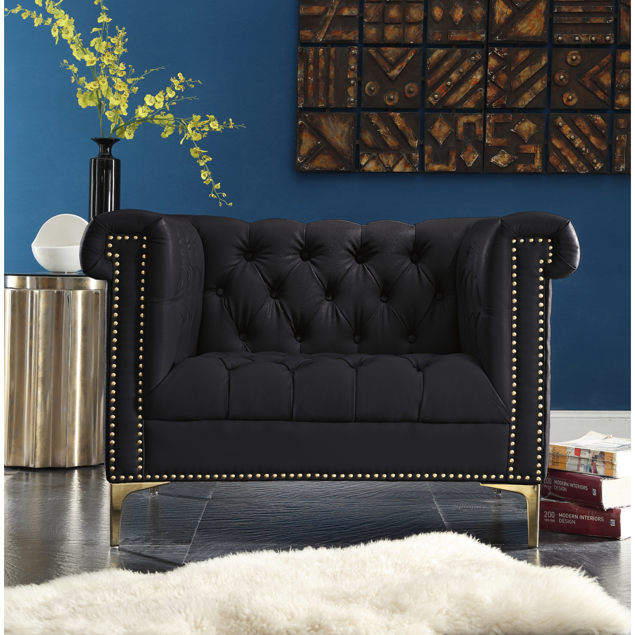 MacArthur PU Leather Modern Contemporary Button Tufted With Gold Nailhead Trim Goldtone Metal Y-leg Club Chair - Navy Blue