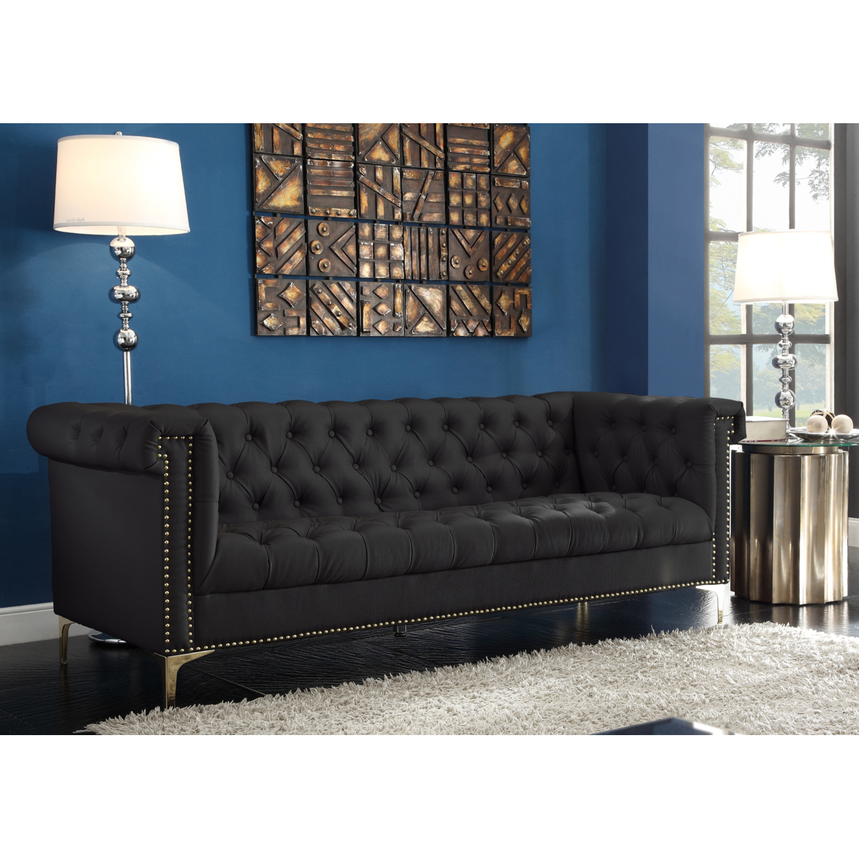 MacArthur PU Leather Modern Contemporary Button Tufted With Gold Nailhead Trim Goldtone Metal Y-leg Sofa - Brown
