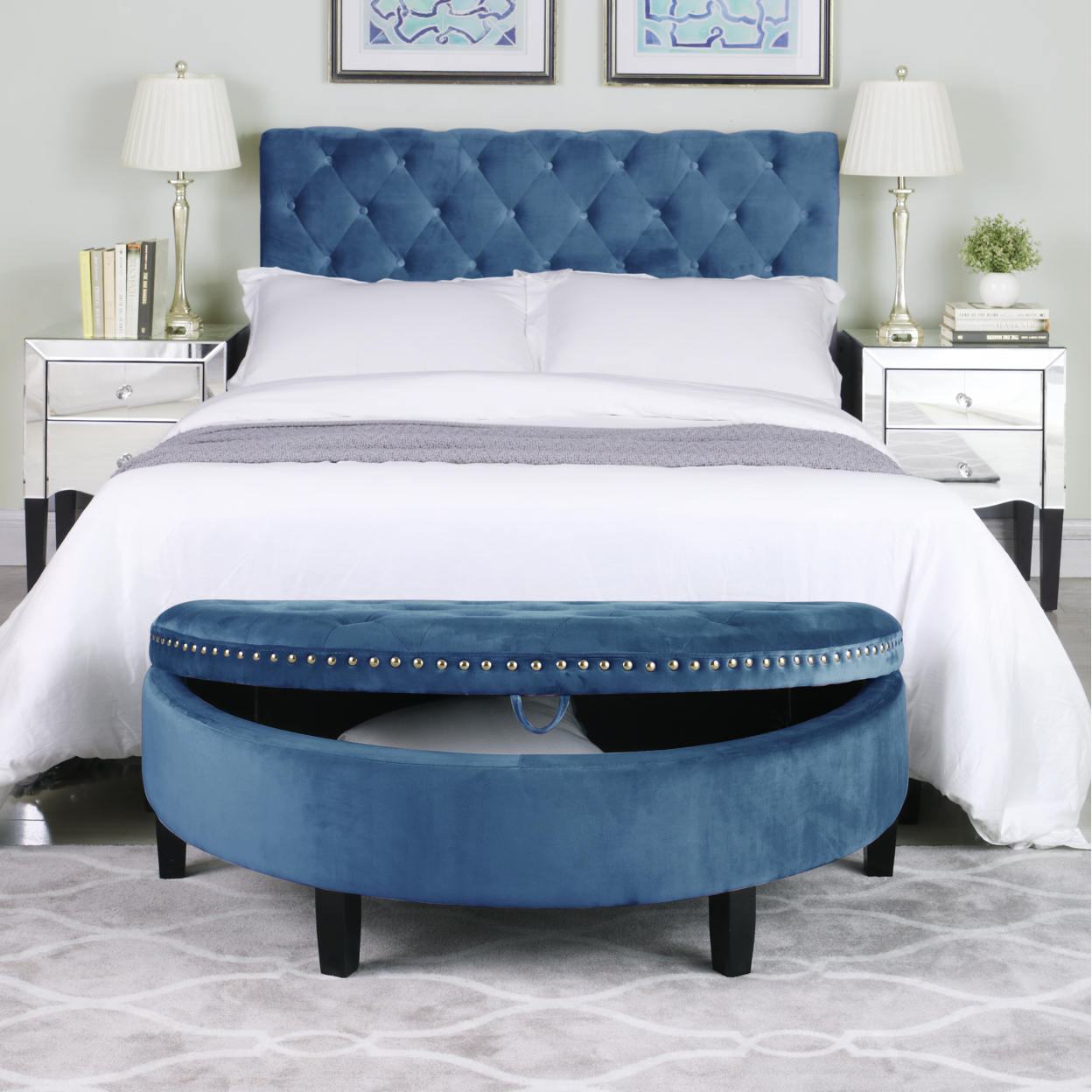 Sarah Half Moon Storage Ottoman Button Tufted Velvet Upholstered Gold Nailhead Trim Espresso Finished Wood Legs Bench - Teal