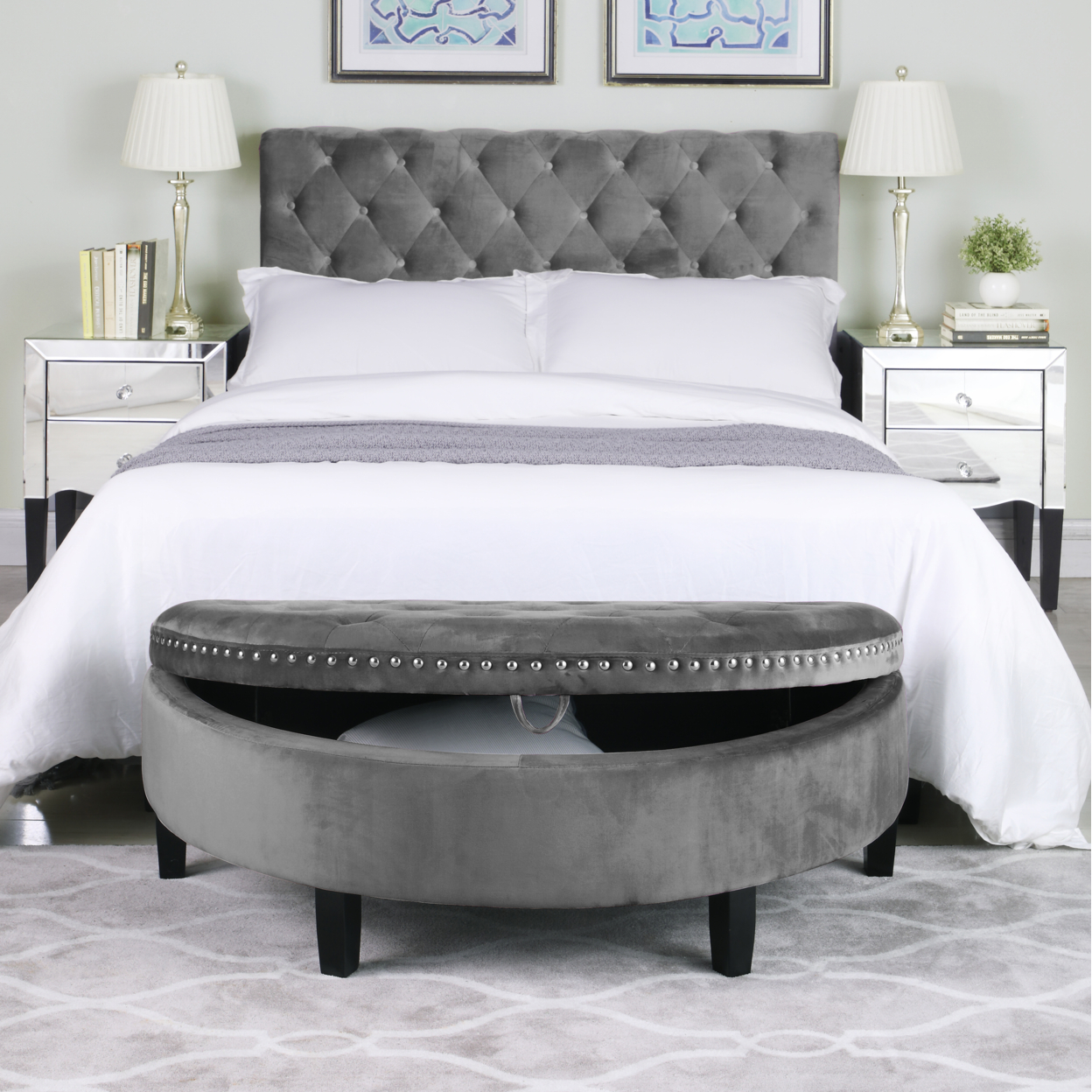 Sarah Half Moon Storage Ottoman Button Tufted Velvet Upholstered Gold Nailhead Trim Espresso Finished Wood Legs Bench - Silver
