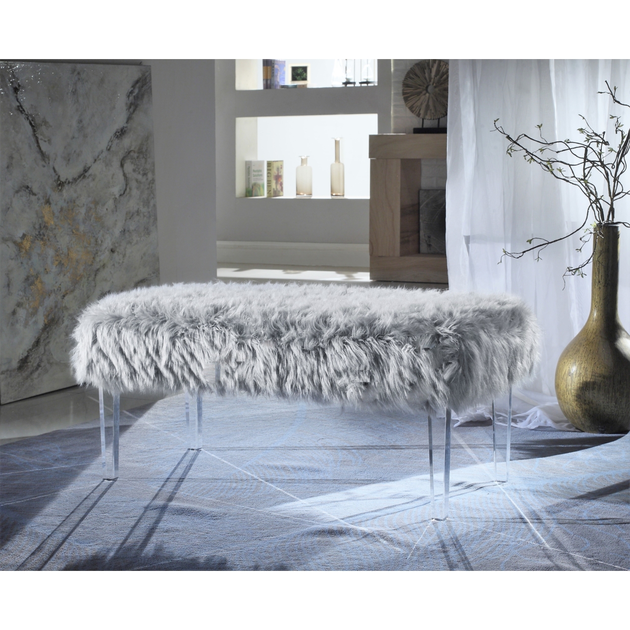 Alessandro Modern Contemporary Faux Fur Acrylic Leg Bench - Grey