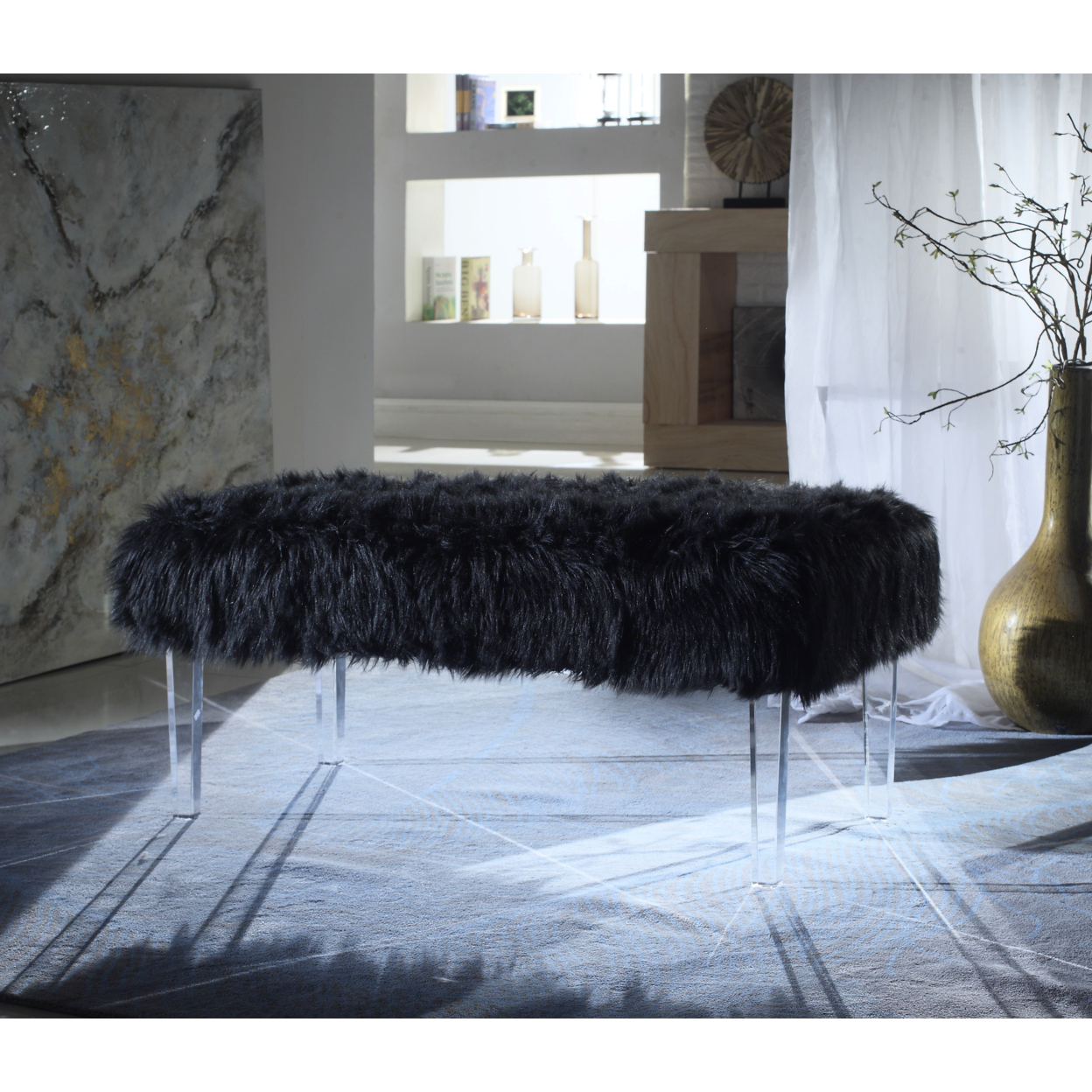 Alessandro Modern Contemporary Faux Fur Acrylic Leg Bench - White