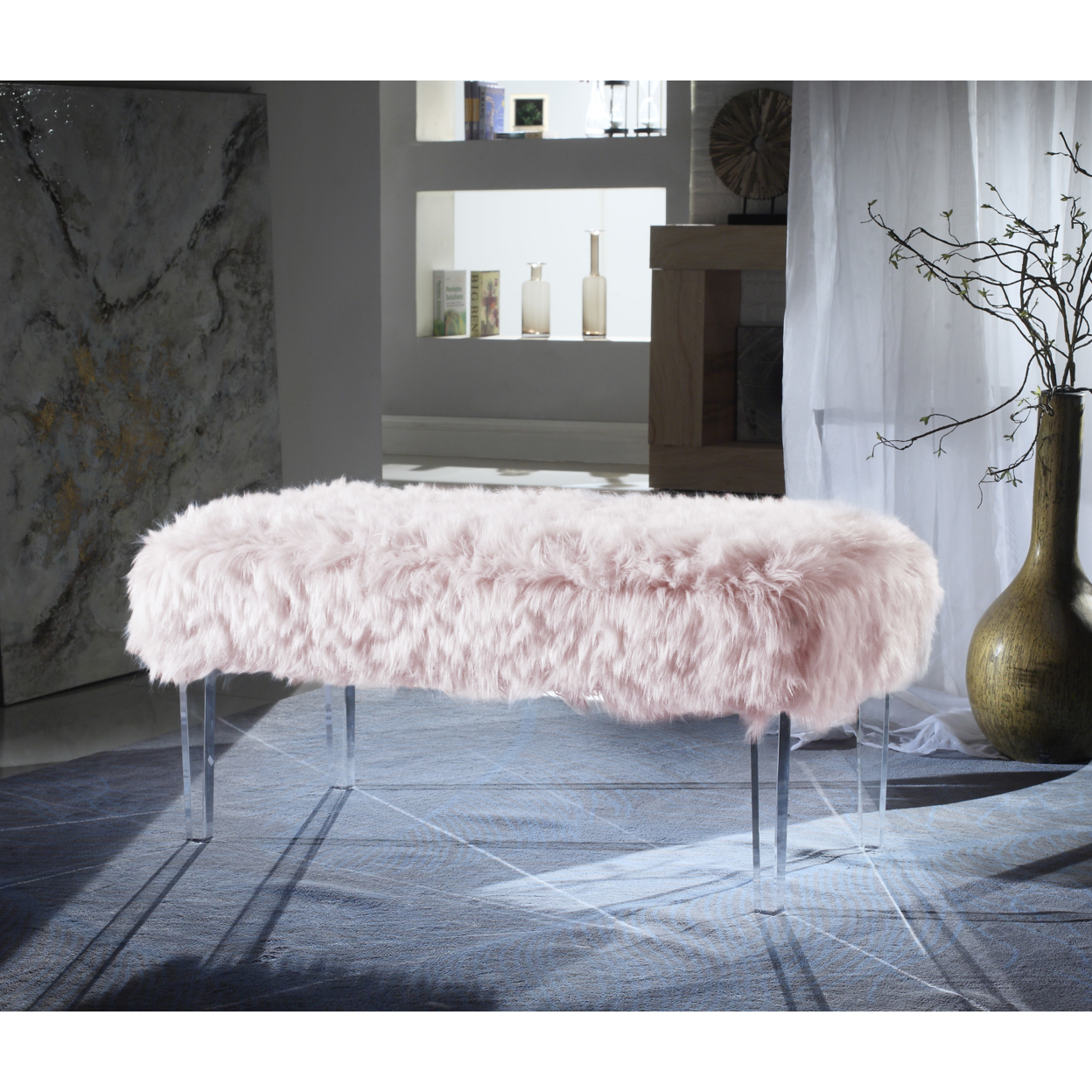 Alessandro Modern Contemporary Faux Fur Acrylic Leg Bench - Pink