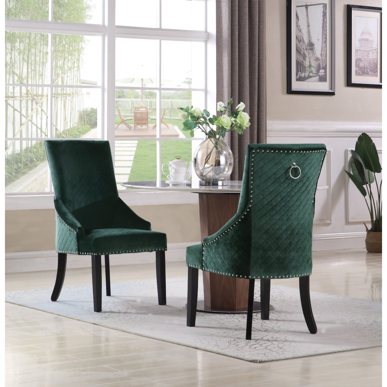 Vinnitsa Dining Side Chair Diamond Button Tufted Velvet Upholstered Silver Tone Nailhead Trim, Set Of 2 - Green