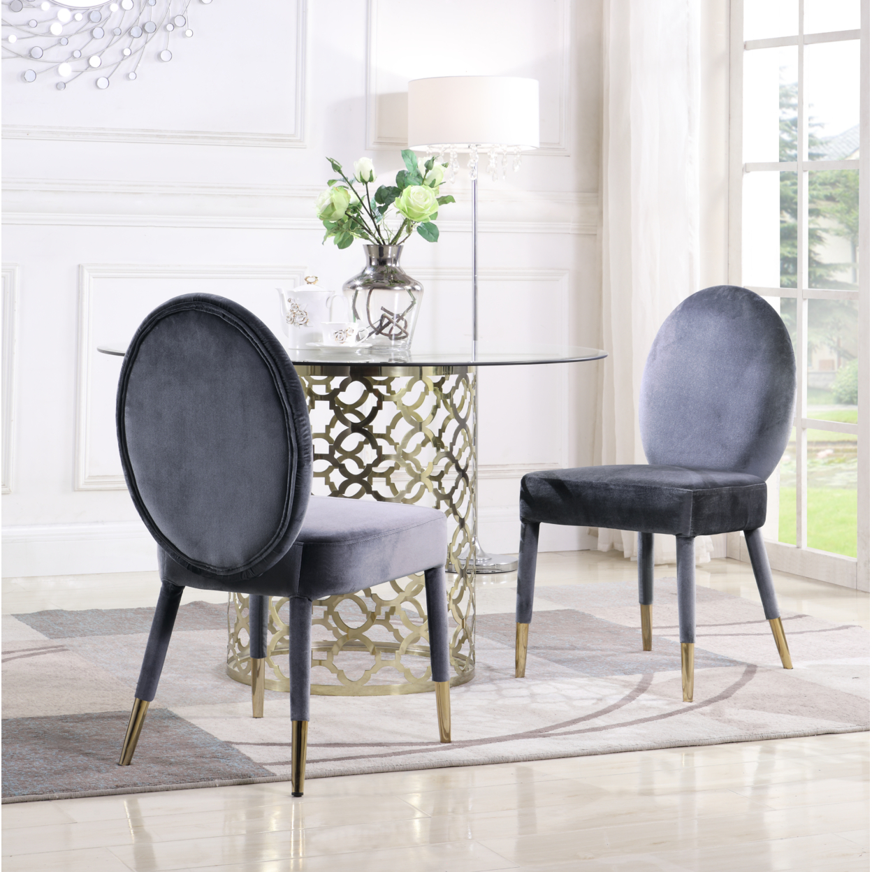 Lambrett Dining Chair Velvet Upholstered Oval Back Armless Design, Set Of 2 - Grey