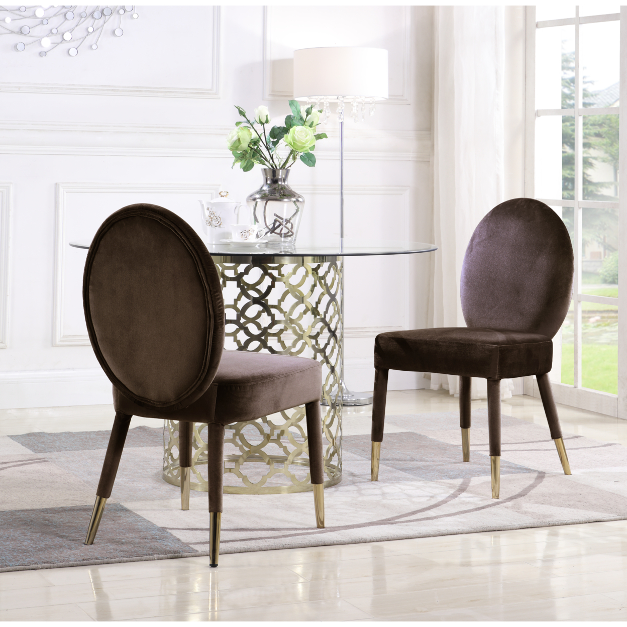Lambrett Dining Chair Velvet Upholstered Oval Back Armless Design, Set Of 2 - Brown