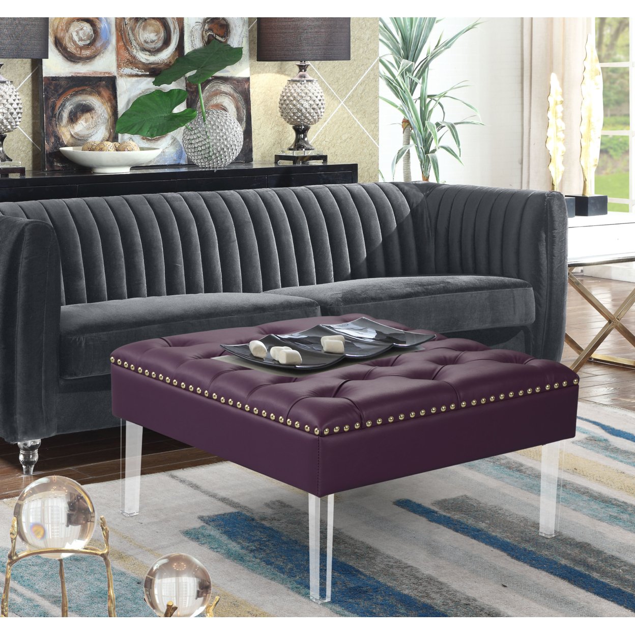 Marie Square Ottoman Center Table Button Tufted PU Leather Upholstered Acrylic Legs - Silver