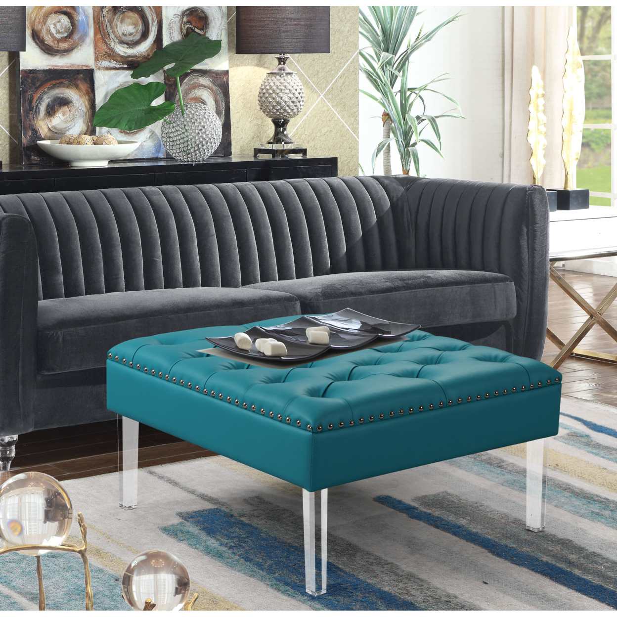 Marie Square Ottoman Center Table Button Tufted PU Leather Upholstered Acrylic Legs - Aqua
