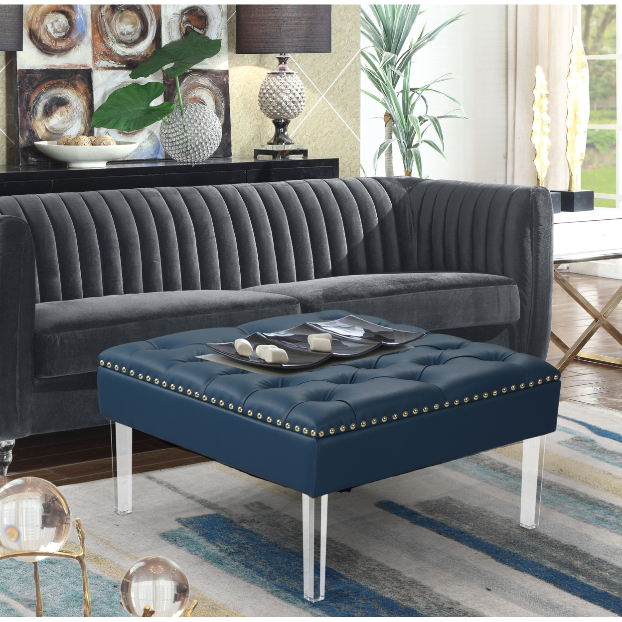 Marie Square Ottoman Center Table Button Tufted PU Leather Upholstered Acrylic Legs - Navy