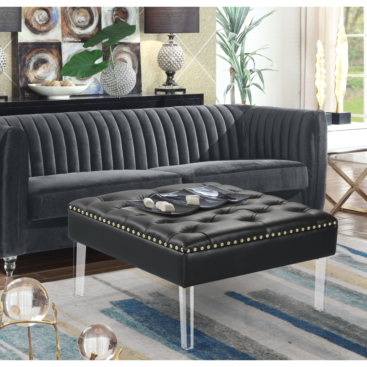 Marie Square Ottoman Center Table Button Tufted PU Leather Upholstered Acrylic Legs - Black