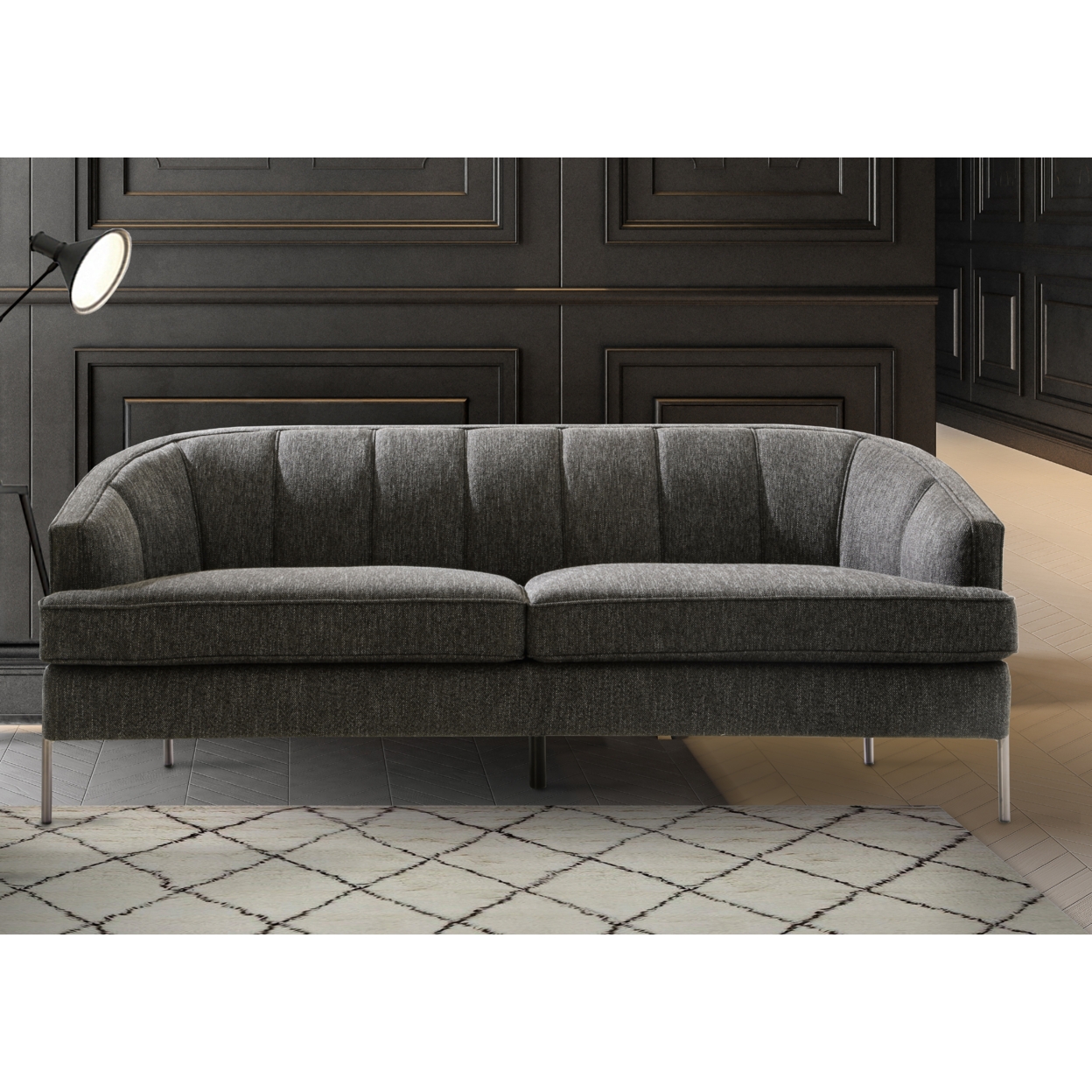 Zafrina Sofa Barrel Back 2 T-Shaped Seat Cushion Design Linen-Textured Upholstery Vertical Channel-Quilted Espresso Solid Metal Legs - Dark
