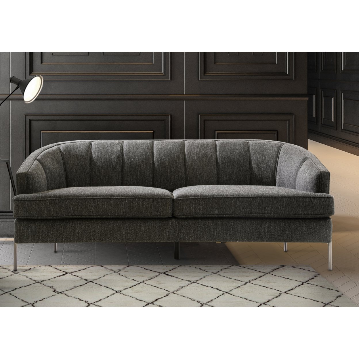 Zafrina Sofa Barrel Back 2 T-Shaped Seat Cushion Design Linen-Textured Upholstery Vertical Channel-Quilted Espresso Solid Metal Legs - Black