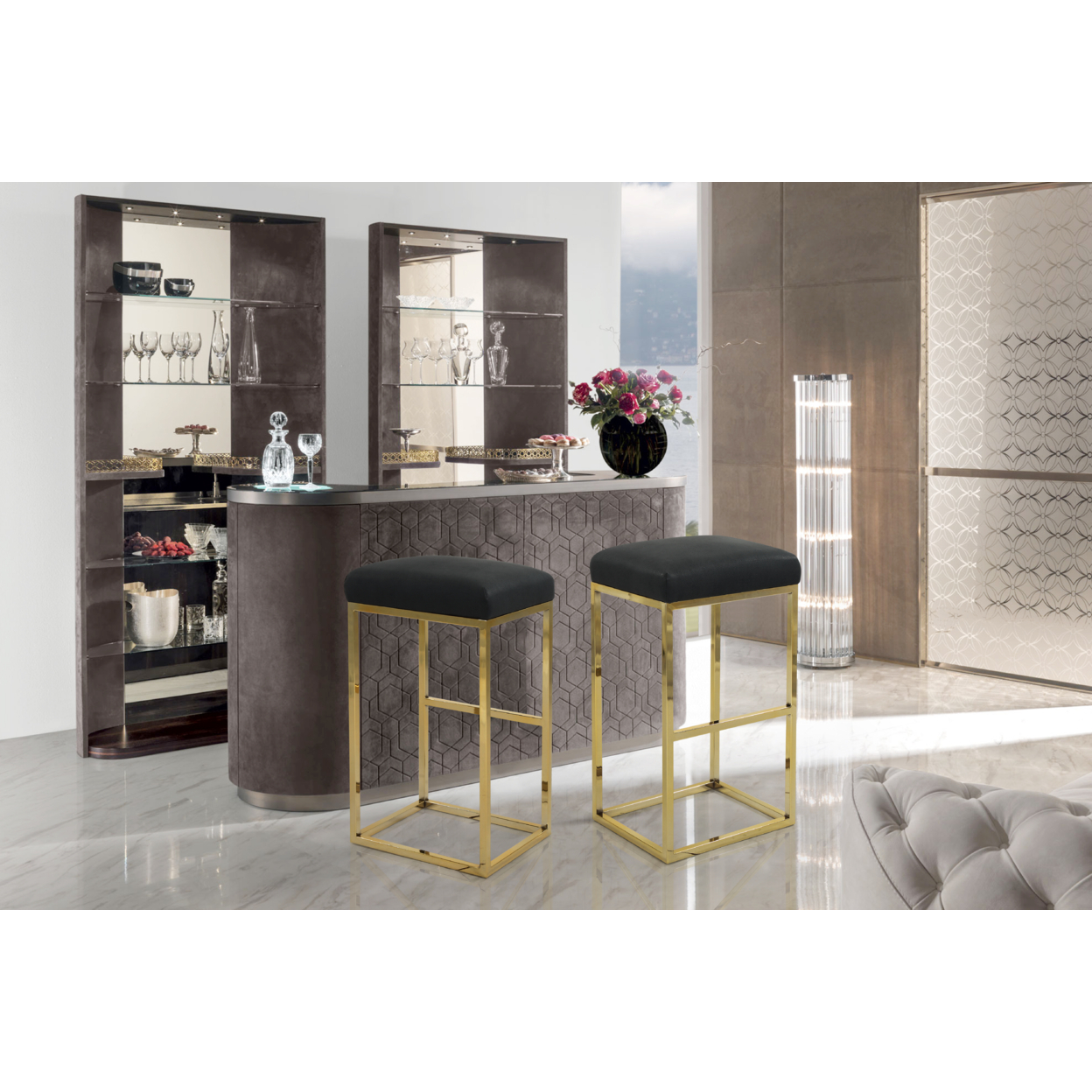 Radford Bar Stool Chair PU Leather Upholstered Seat Backless Design Architectural Goldtone Solid Metal Base - Grey