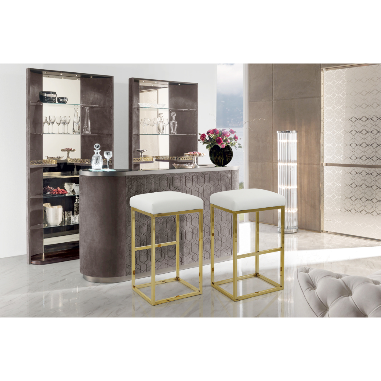 Radford Bar Stool Chair PU Leather Upholstered Seat Backless Design Architectural Goldtone Solid Metal Base - White
