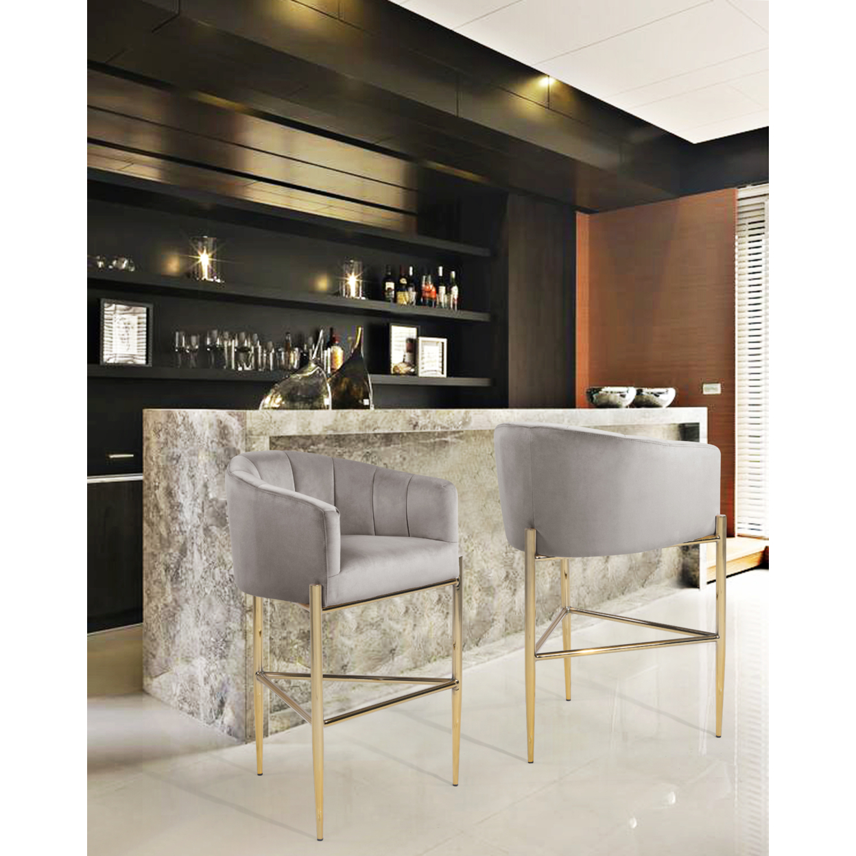 Ardee Bar Stool Chair Velvet Upholstered Shelter Arm Shell Design 3 Legged Gold Tone Solid Metal Base - Silver