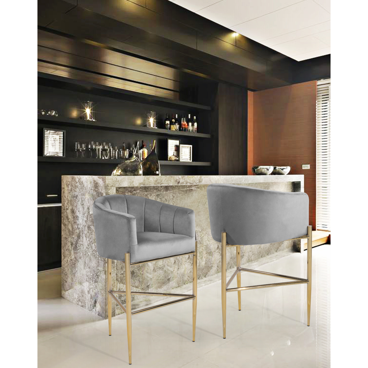 Ardee Bar Stool Chair Velvet Upholstered Shelter Arm Shell Design 3 Legged Gold Tone Solid Metal Base - Taupe