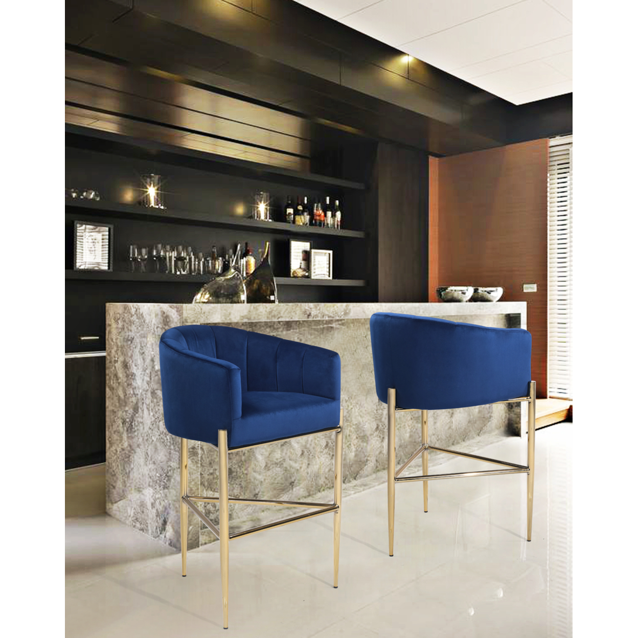 Ardee Bar Stool Chair Velvet Upholstered Shelter Arm Shell Design 3 Legged Gold Tone Solid Metal Base - Navy
