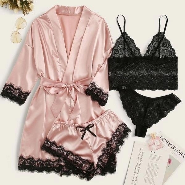 4pack Floral Lace Lingerie Set With Satin Belted Robe - M
