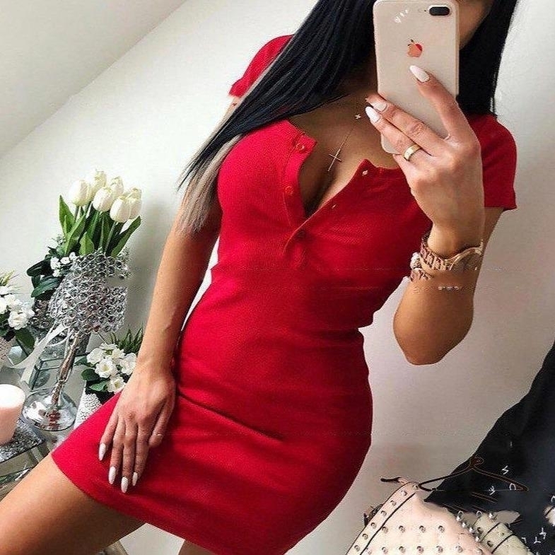 Button Round Neck Short-sleeved Dress Female Tight-fitting Hip - Red, M