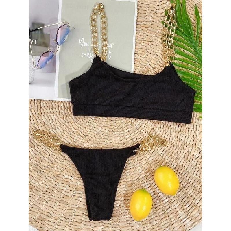 Chain Strap Tanga Bikini Swimsuit - Black, M
