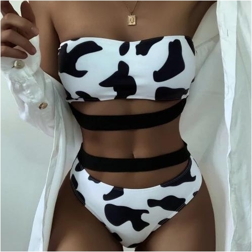 Cow Print Split Swimsuit Solid Color Sexy Bikini - S