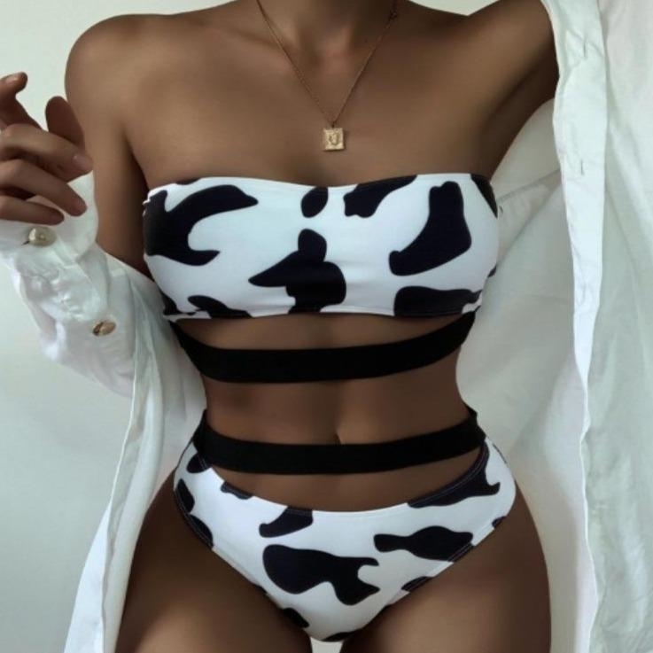 Cow Print Split Swimsuit Solid Color Sexy Bikini - M