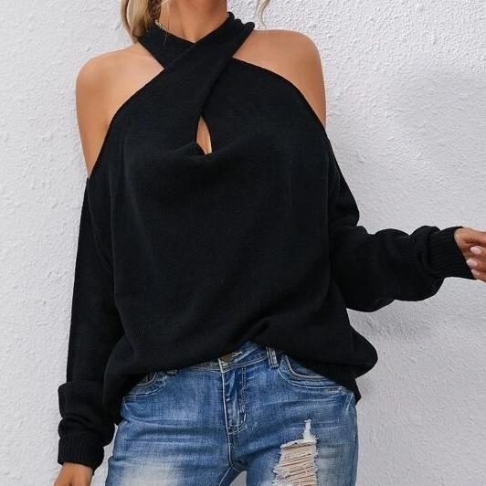 Crisscross Halter Neck Drop Shoulder Sweater - Black, L