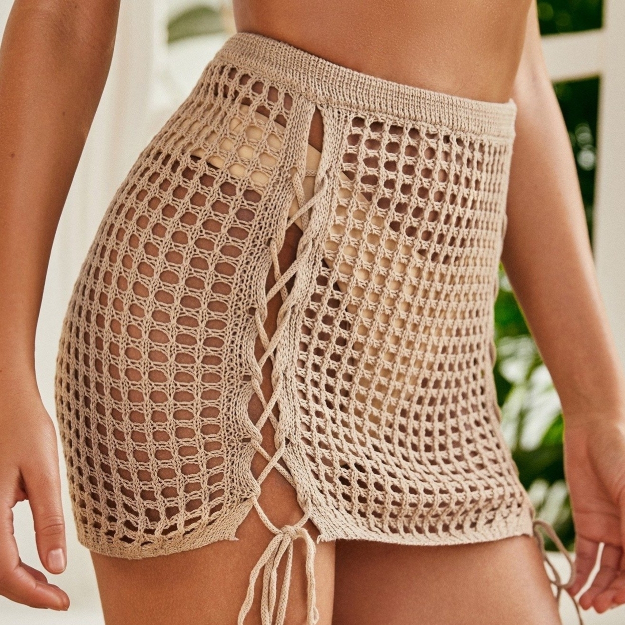 Crochet Hollow-out Cover Up Skirt - Camel, Xl