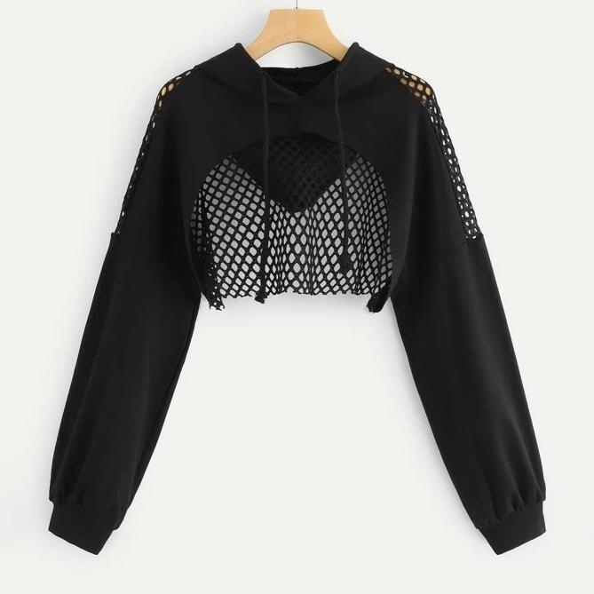 Cutout Mesh Insert Cropped Hoodie - S