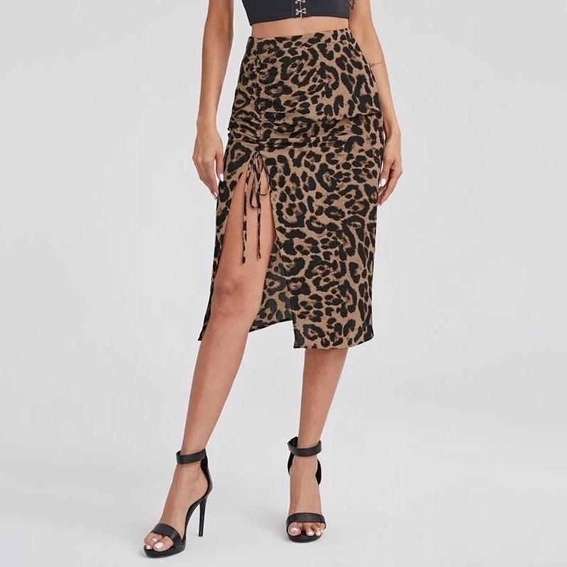 Drawstring Ruched Leopard Skirt - S