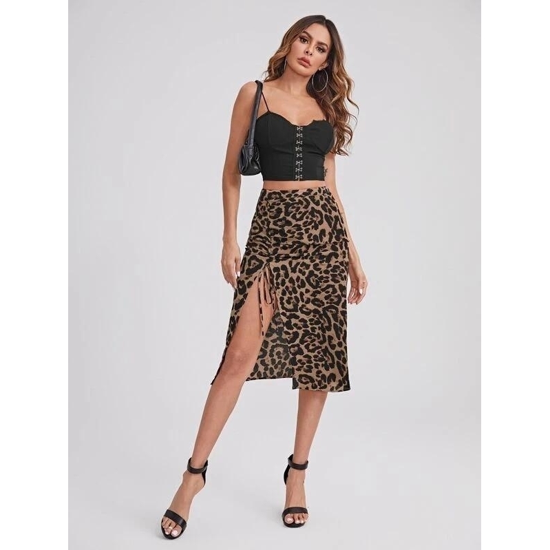 Drawstring Ruched Leopard Skirt - Xl