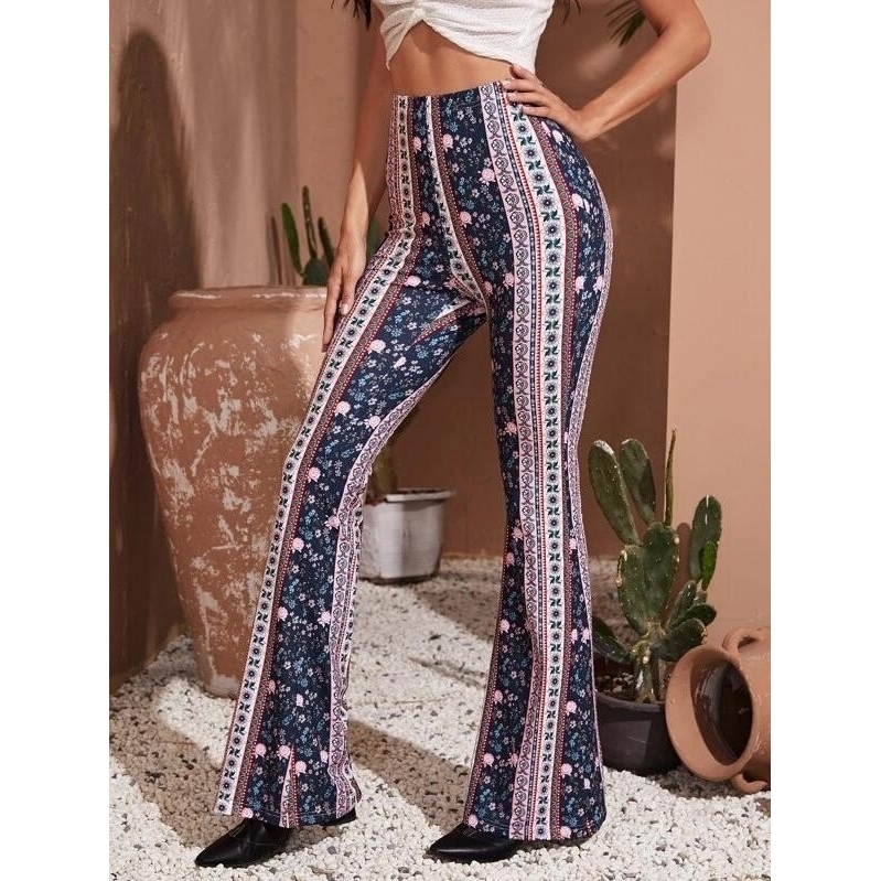 Floral And Tribal Print Flare Leg Pants - M